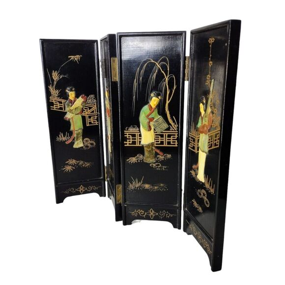 Vintage 1950s Geisha Lacquered Bamboo Abalone Paneled Tabletop Screen Divider - Picture 8 of 12